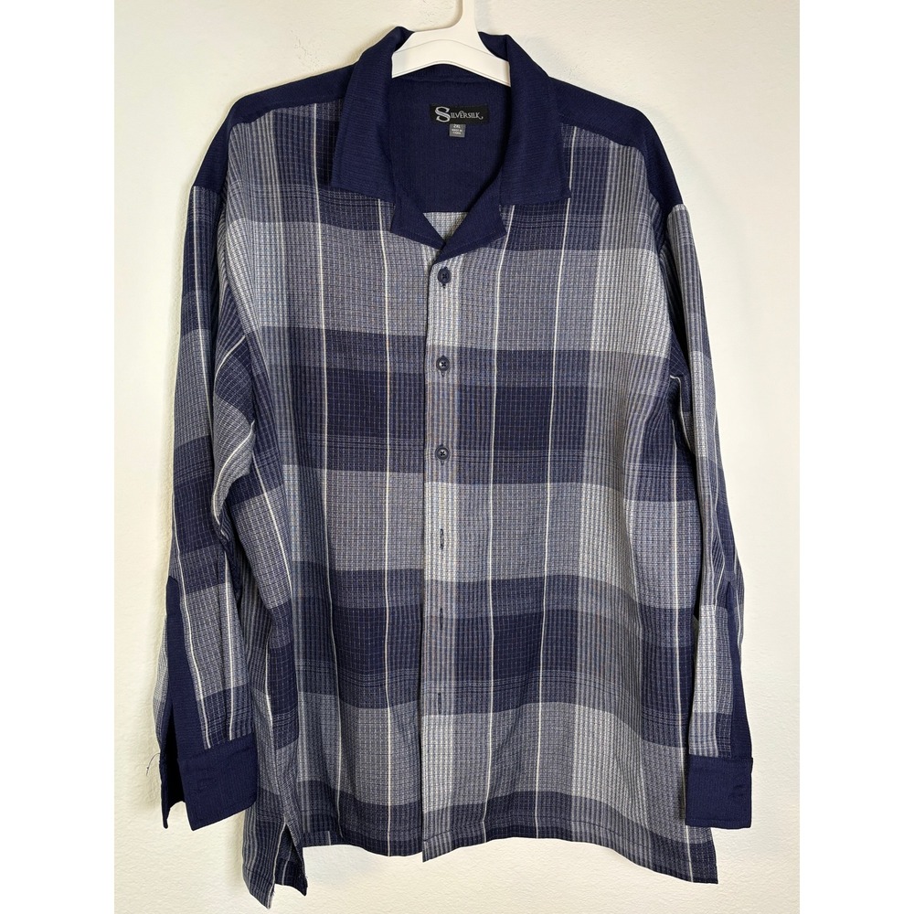 Silversilk Mens 2XL Navy Blue Grey Plaid Knit Button Down Shirt Camp Collar